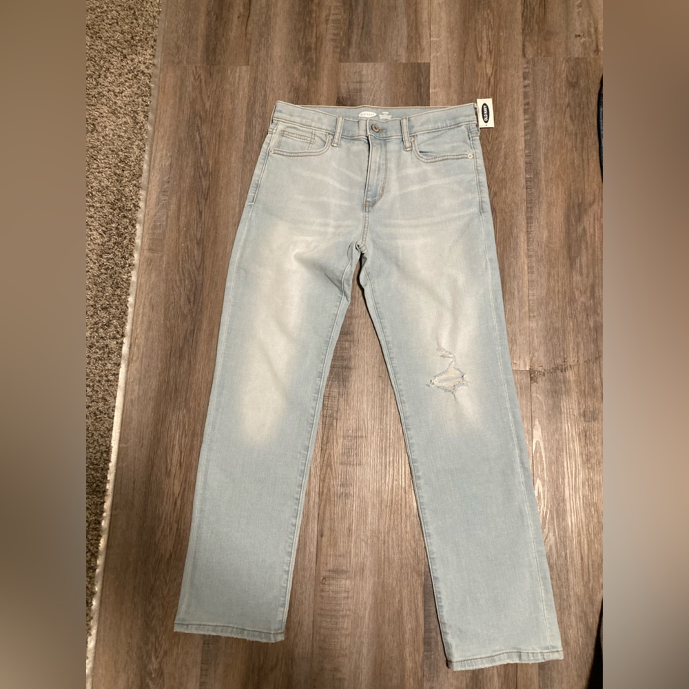 NWT women old navy blue denim Jean pant karate slim built in flex max distressed